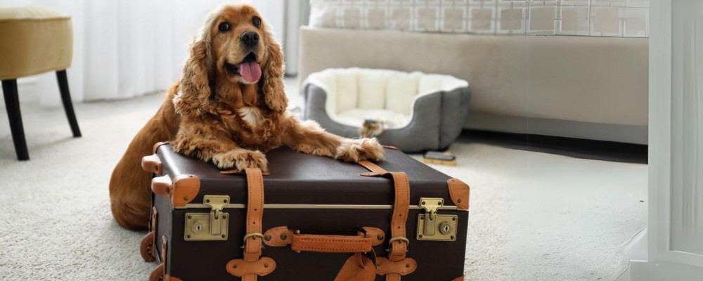 dog sitting on travel suitcase