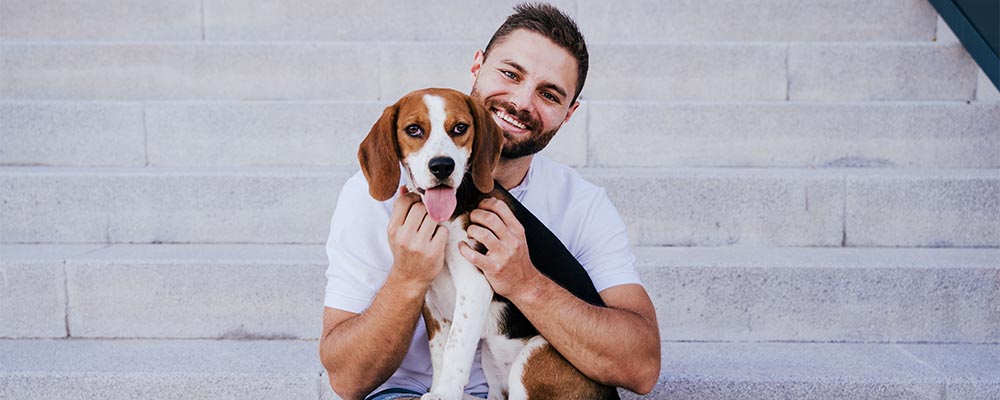 Man petting dog on lap